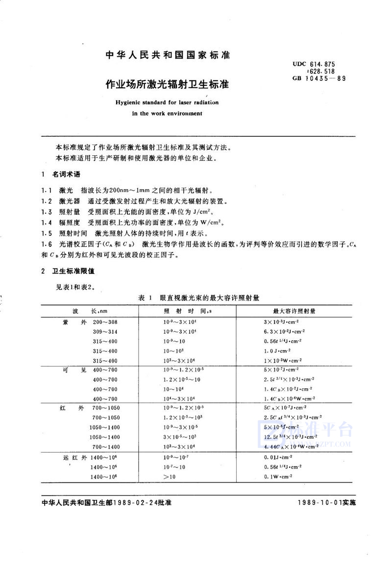 GB 10435-1989 作业场所激光辐射卫生标准