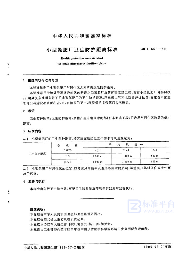 GB 11666-1989 小型氮肥厂卫生防护距离标准