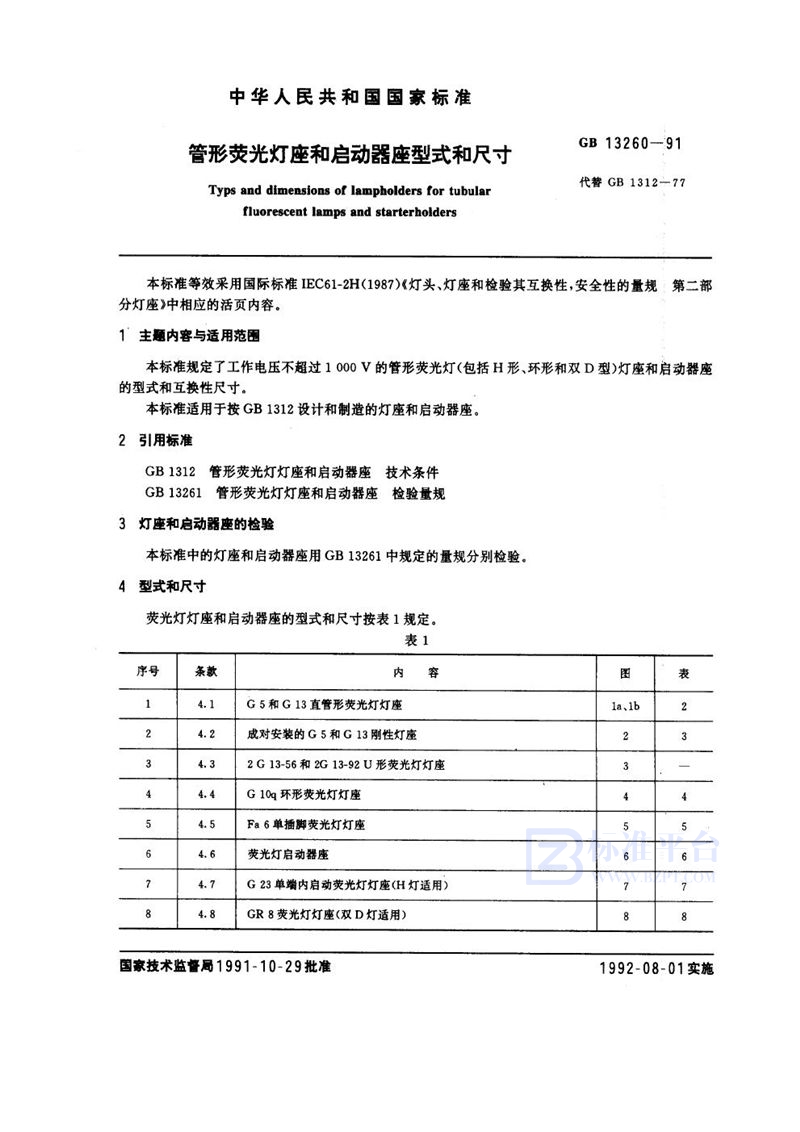 GB 13260-1991 管形荧光灯座和启动器座型式和尺寸