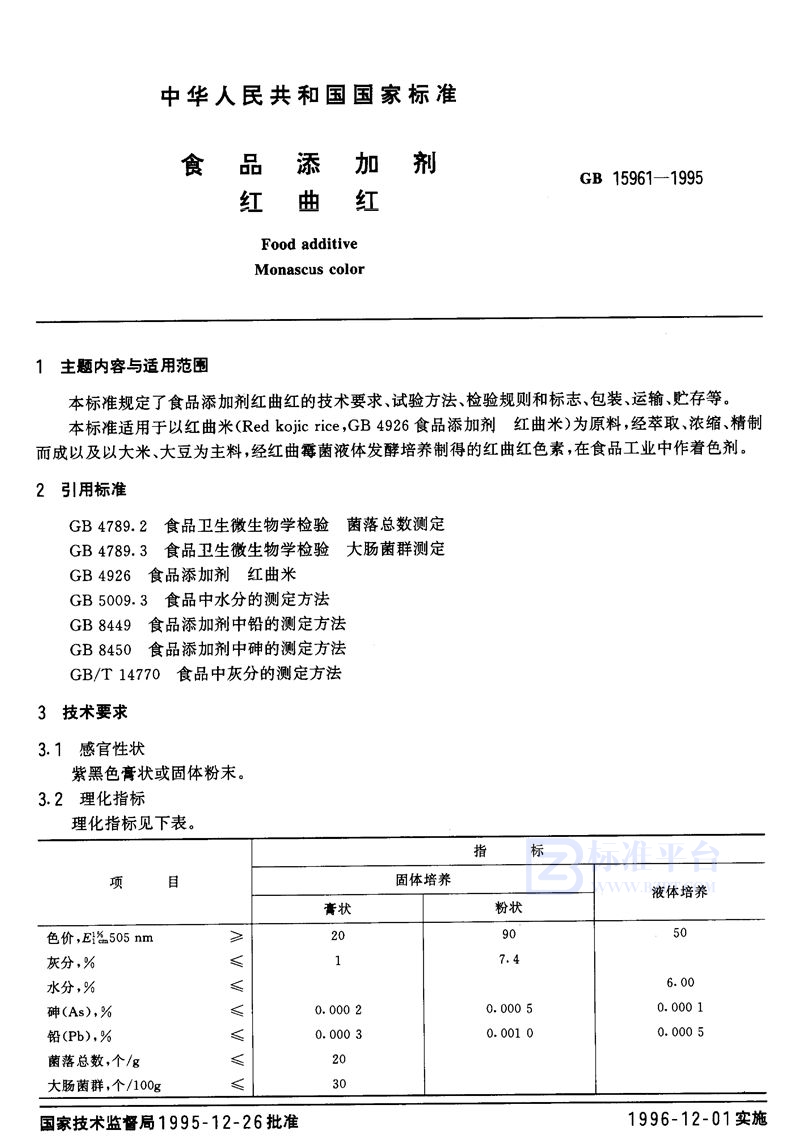 GB 15961-1995 食品添加剂  红曲红