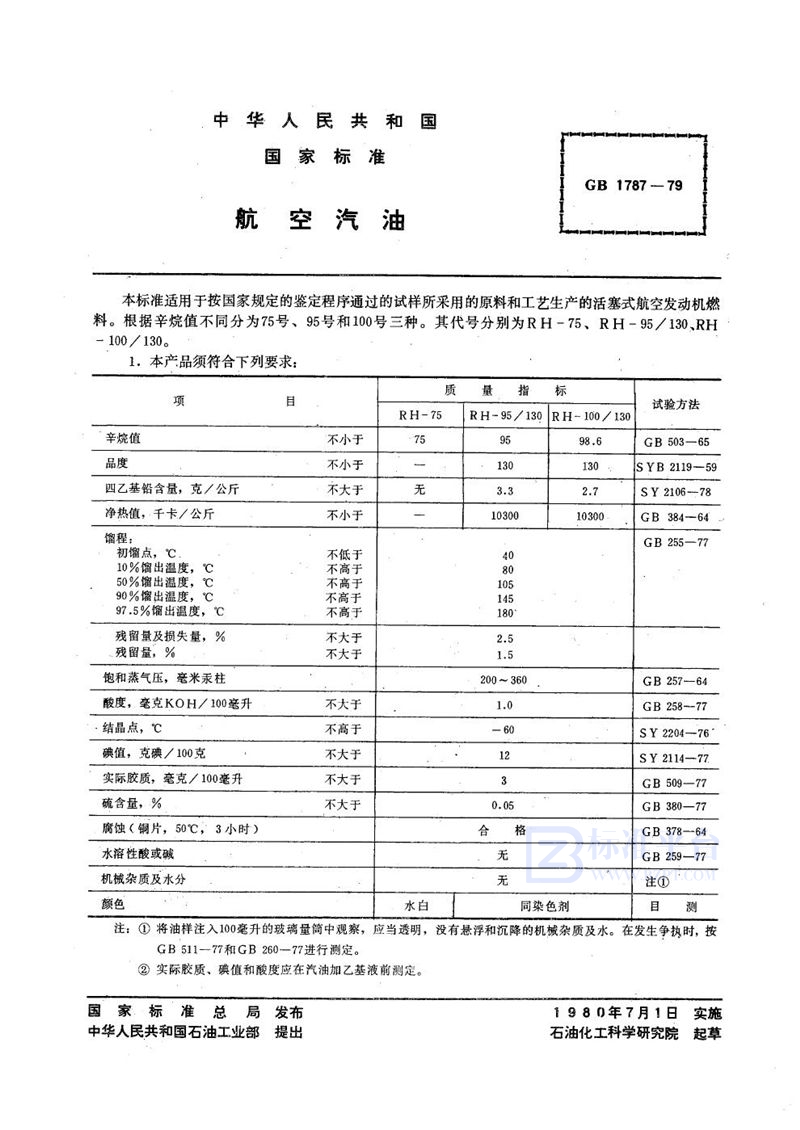 GB 1787-1979 航空汽油