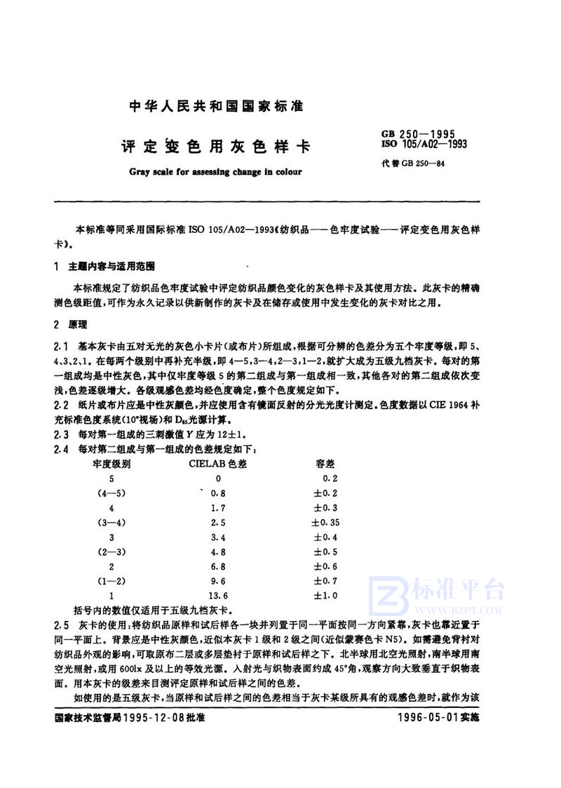 GB 250-1995 评定变色用灰色样卡