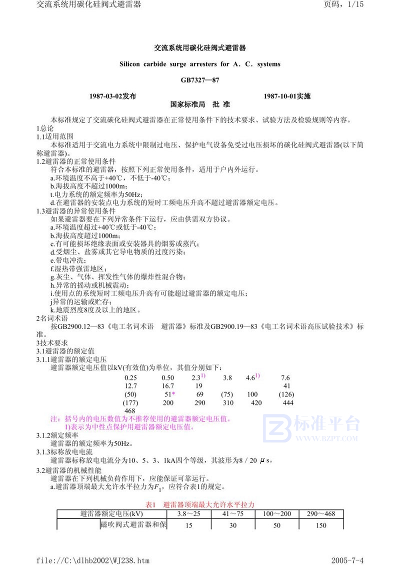 GB 7327-1987 交流系统用碳化硅阀式避雷器