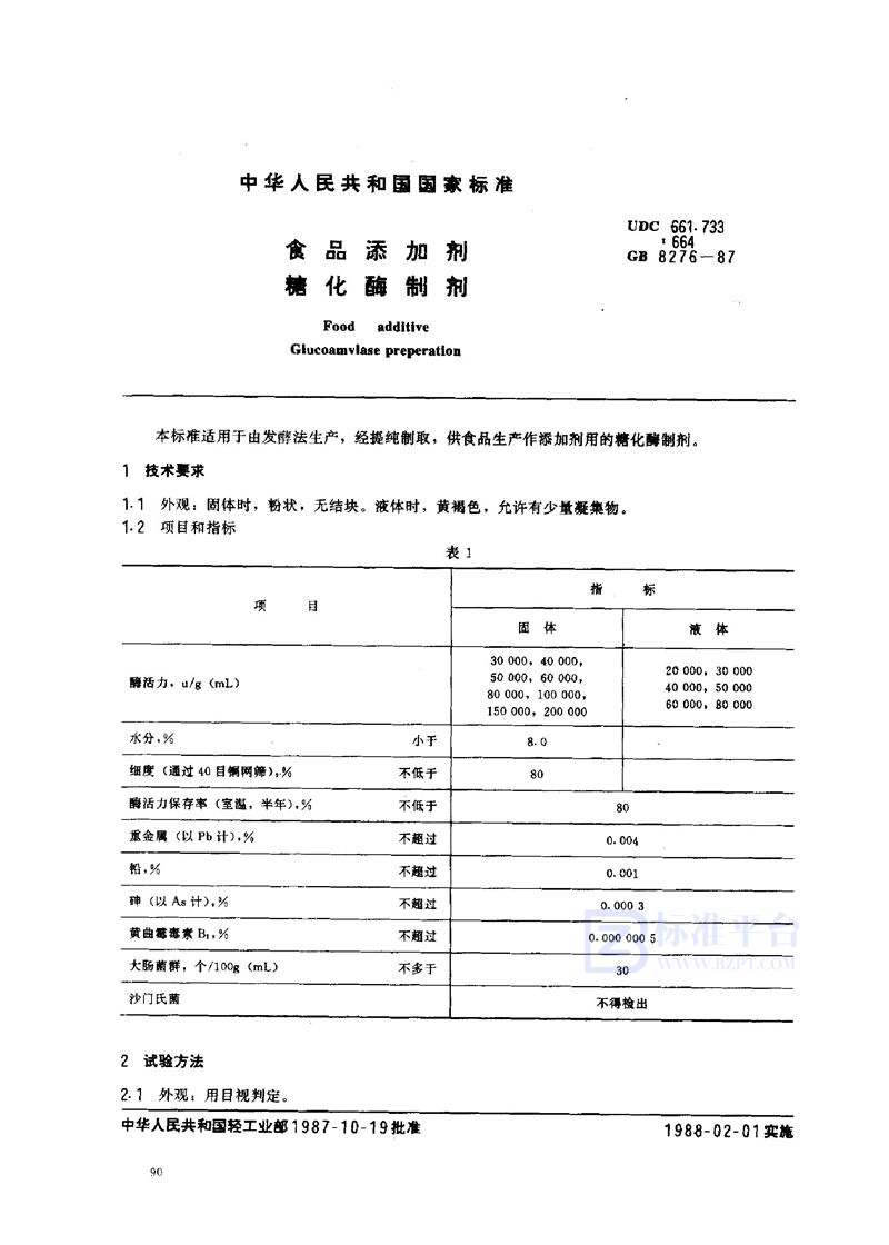 GB 8276-1987 食品添加剂  糖化酶制剂