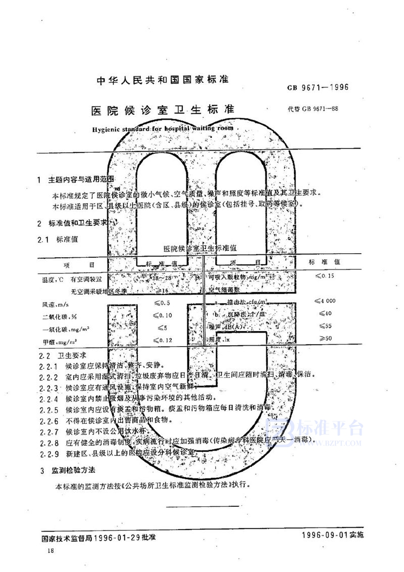 GB 9671-1996 医院候诊室卫生标准