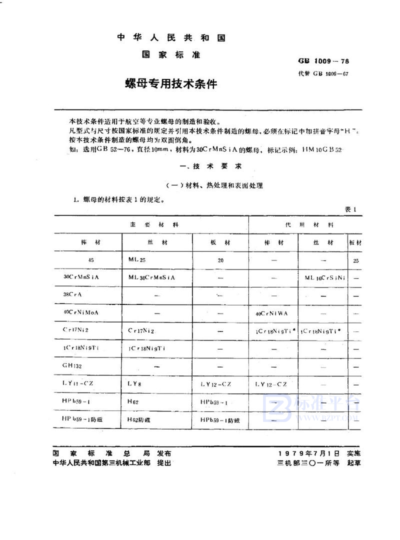 GB/T 1009-1978 螺母专用技术条件