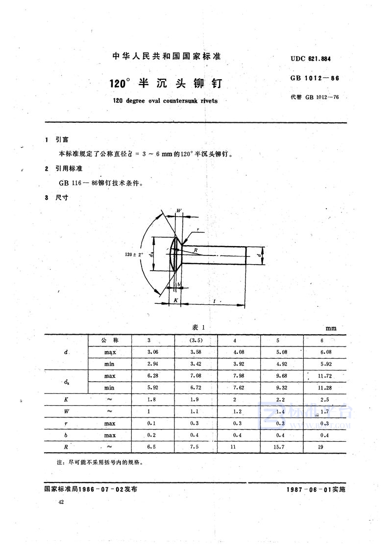 GB/T 1012-1986 120°半沉头铆钉