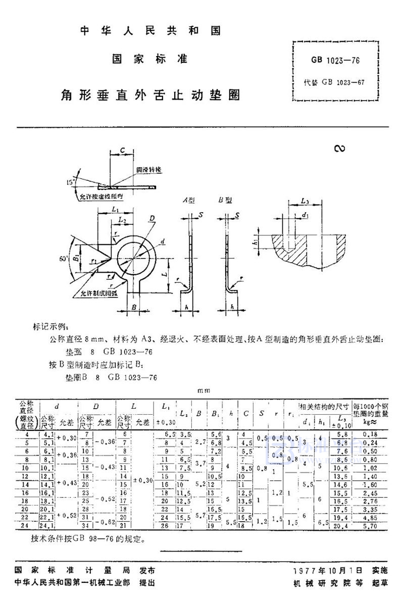 GB/T 1023-1976 角形垂直外舌止动垫圈