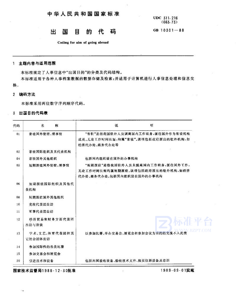 GB/T 10301-1988 出国目的代码