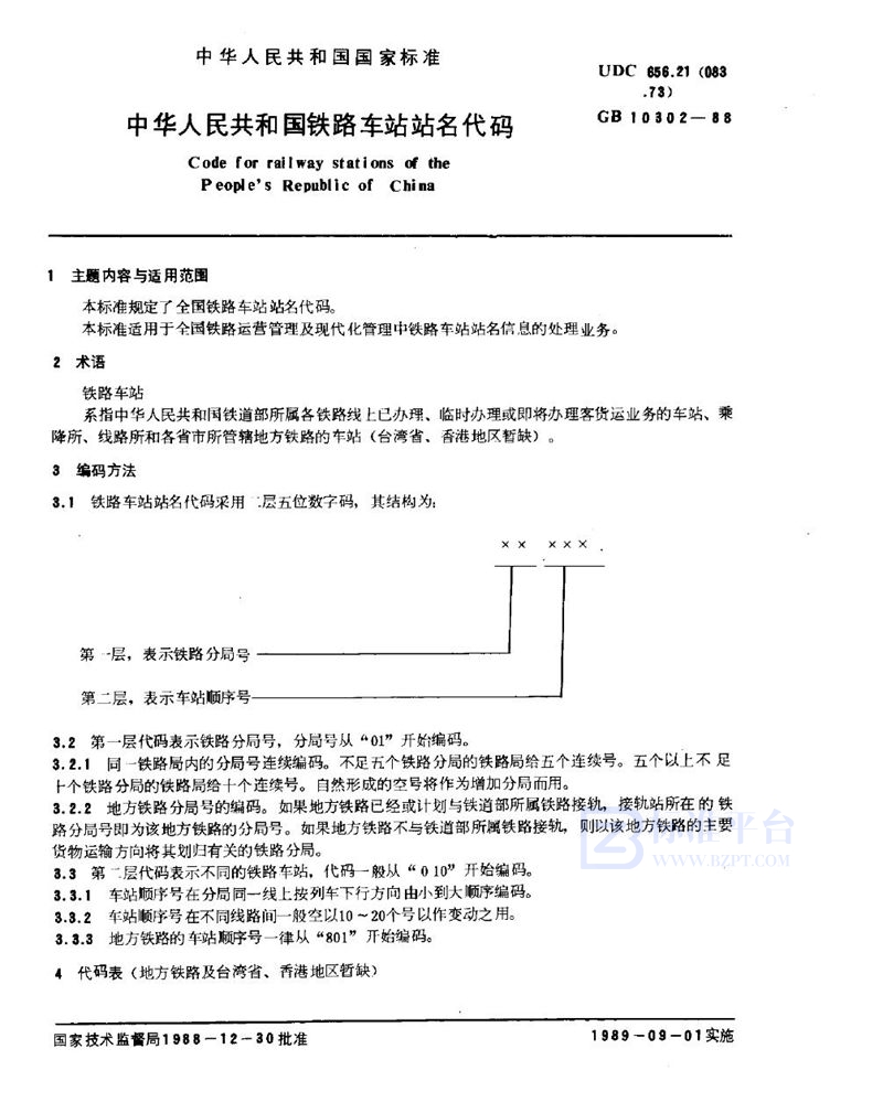 GB/T 10302-1988 中华人民共和国铁路车站站名代码