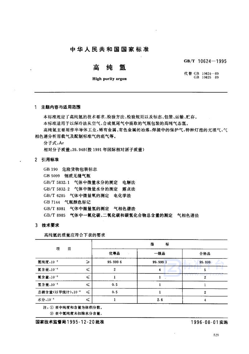 GB/T 10624-1995 高纯氩