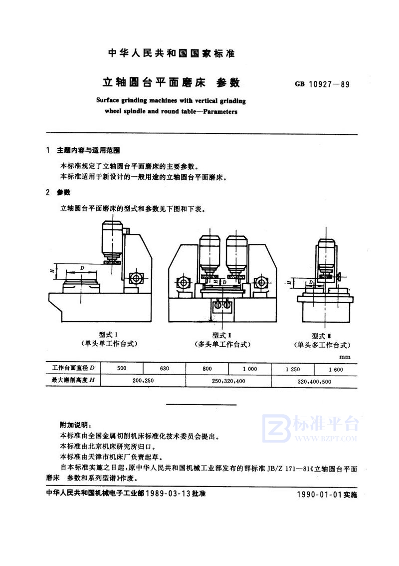 GB/T 10927-1989 立轴圆台平面磨床  参数