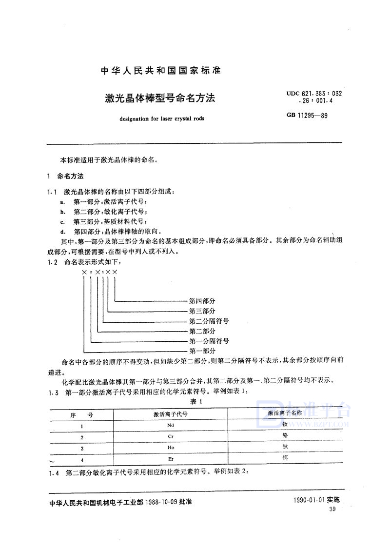 GB/T 11295-1989 激光晶体棒型号命名方法