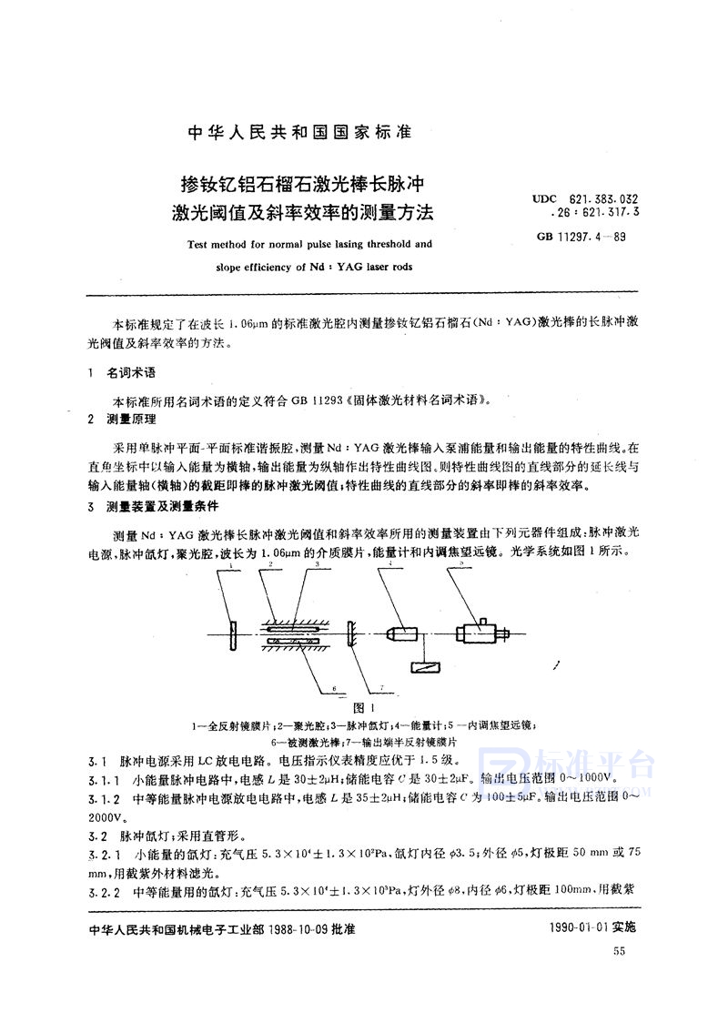 GB/T 11297.4-1989 掺钕钇铝石榴石激光棒长脉冲激光阈值及斜率效率的测量方法