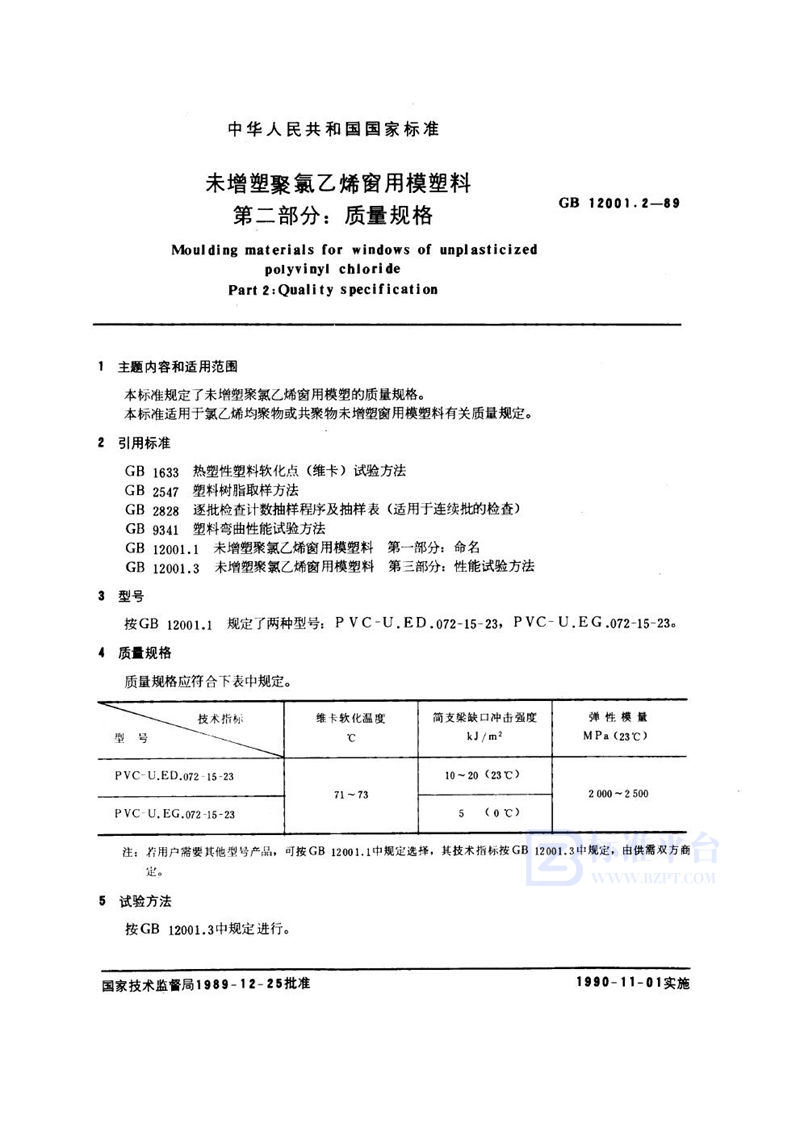 GB/T 12001.2-1989 未增塑聚氯乙烯窗用模塑料  第2部分:质量规格