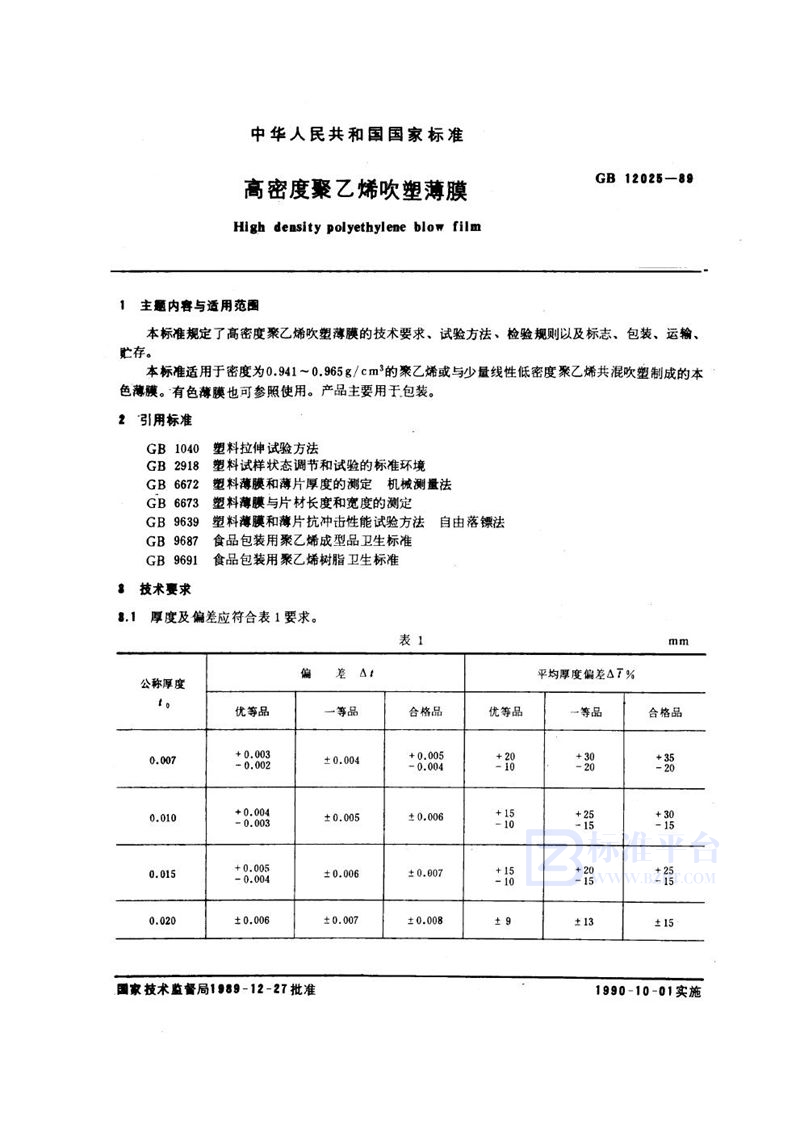 GB/T 12025-1989 高密度聚乙烯吹塑薄膜