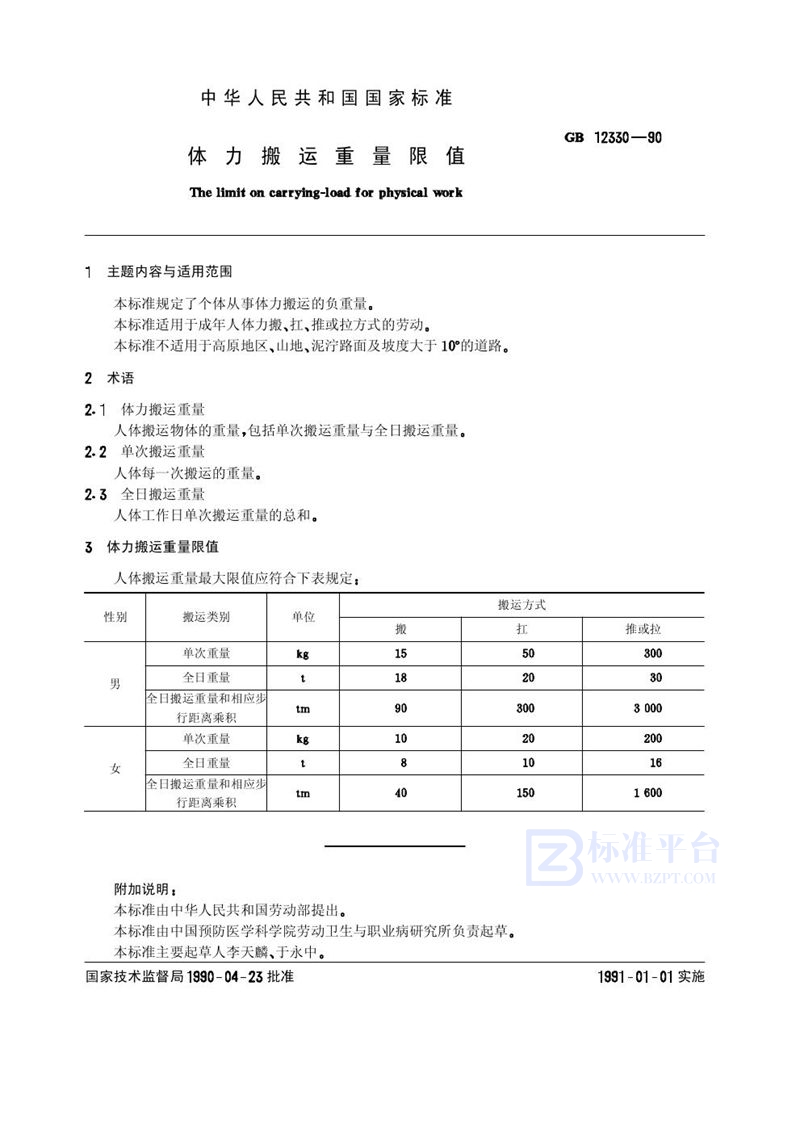 GB/T 12330-1990 体力搬运重量限值