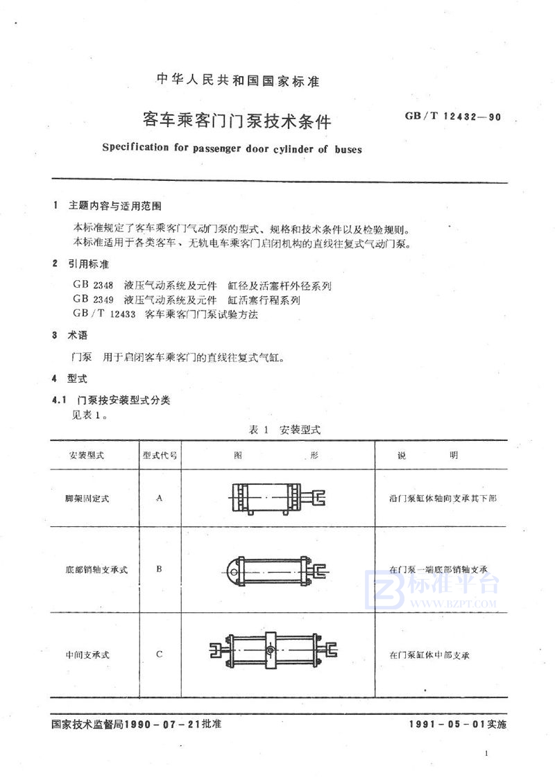 GB/T 12432-1990 客车乘客门门泵技术条件