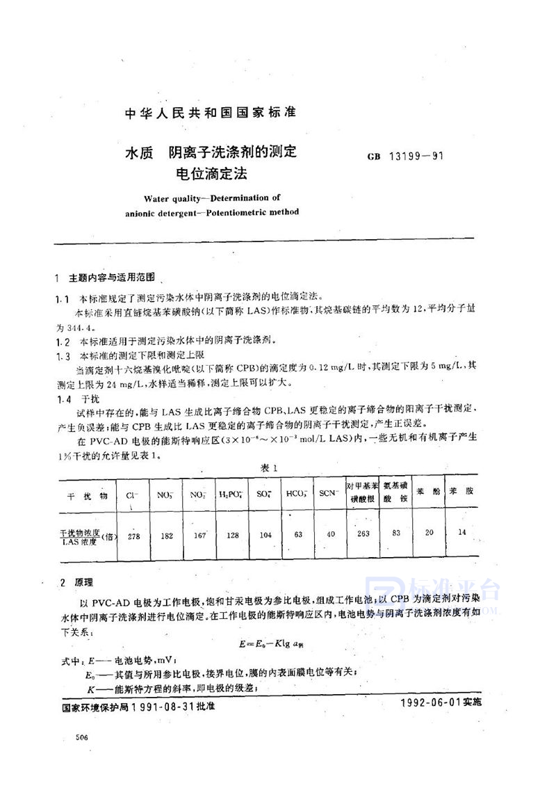 GB/T 13199-1991 水质  阴离子洗涤剂的测定  电位滴定法