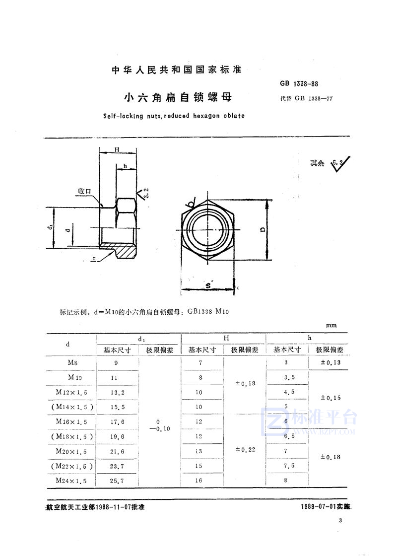 GB/T 1338-1988 小六角扁自锁螺母