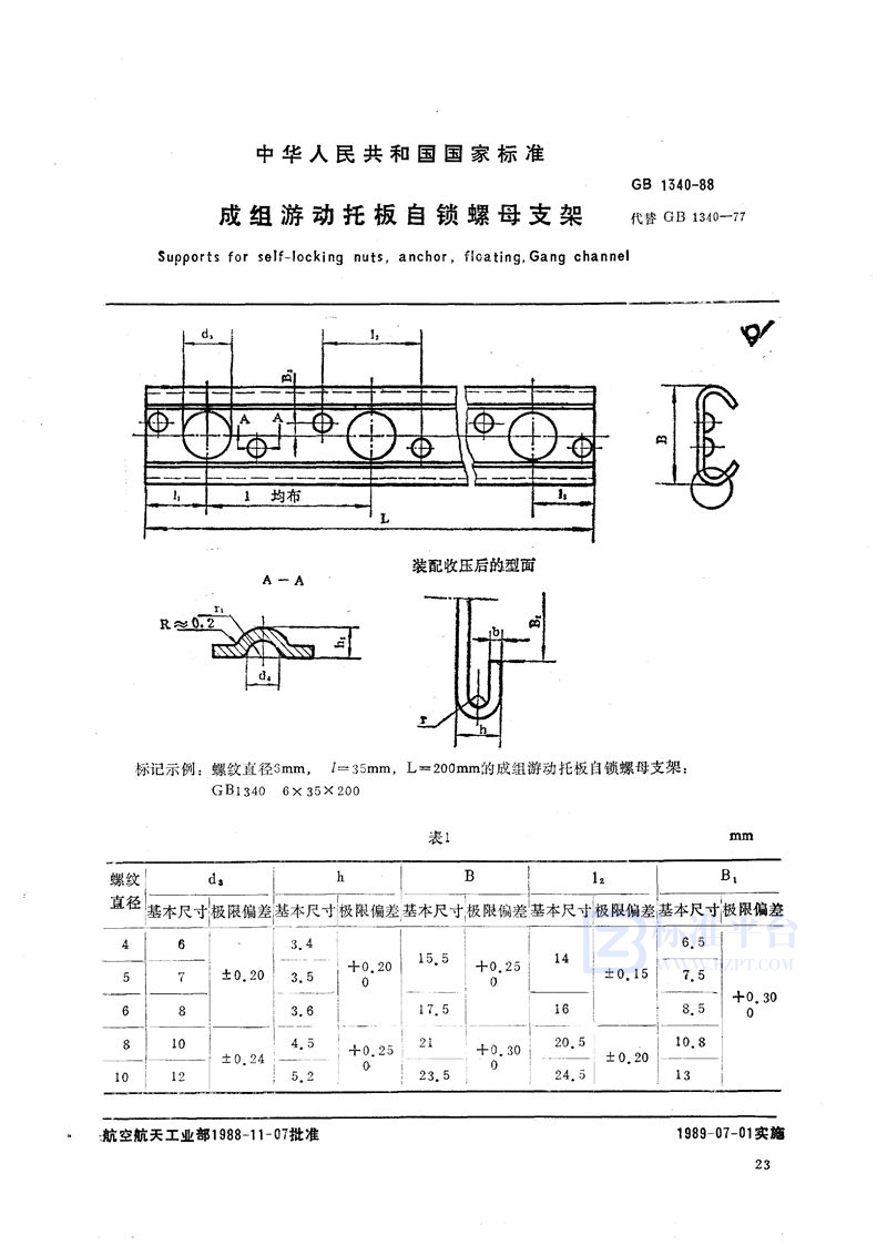 GB/T 1340-1988 成组游动托板自锁螺母支架