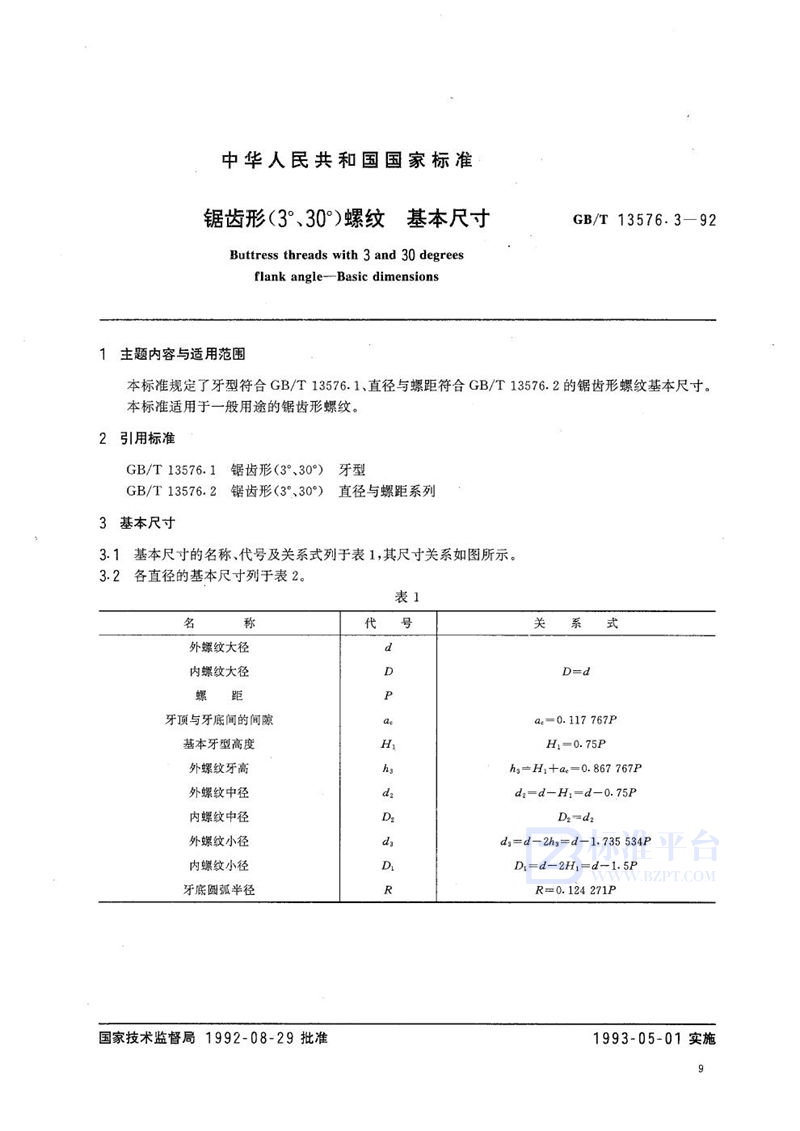 GB/T 13576.3-1992 锯齿形(3°，30°)螺纹  基本尺寸