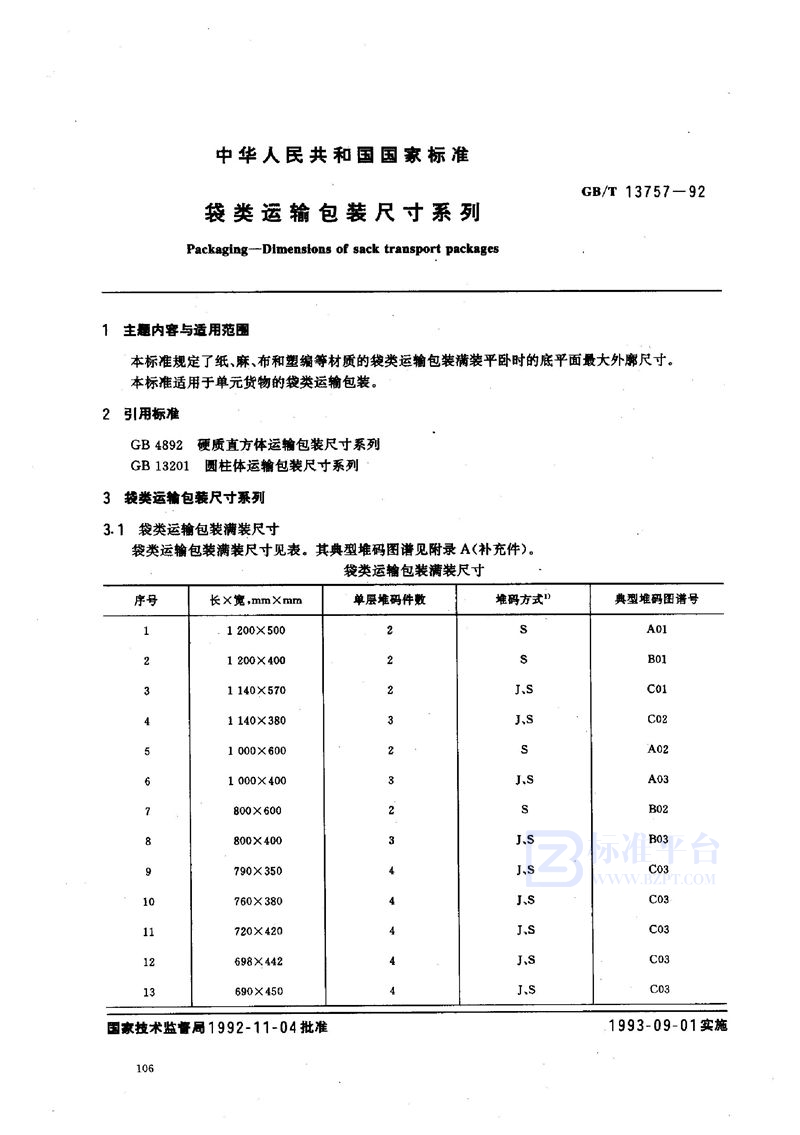 GB/T 13757-1992 袋类运输包装尺寸系列