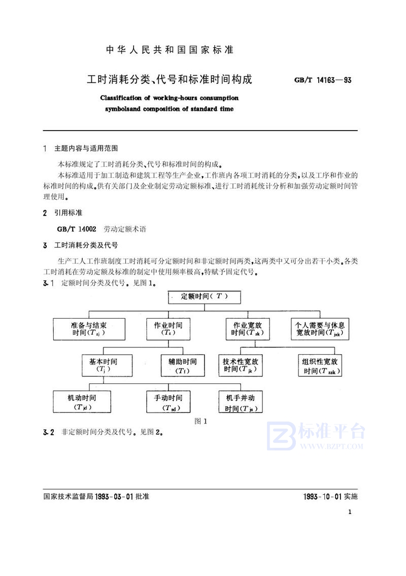 GB/T 14163-1993 工时消耗分类、代号和标准时间构成