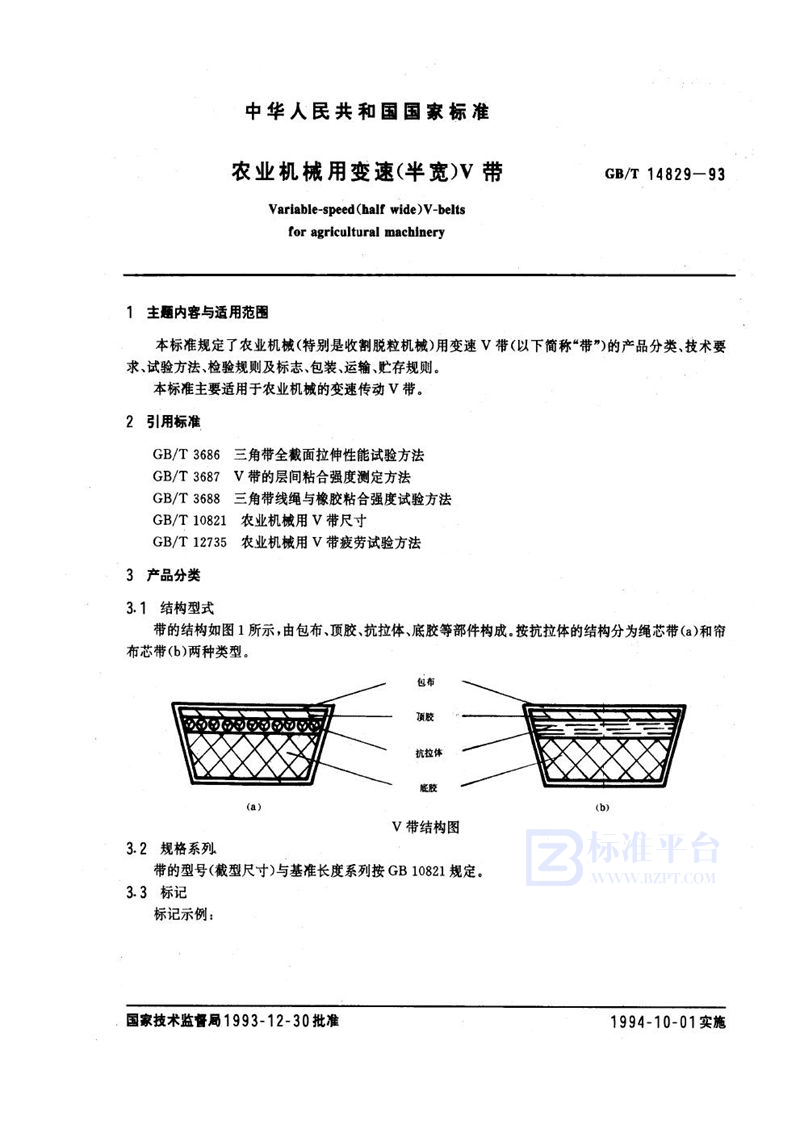 GB/T 14829-1993 农业机械用变速(半宽)V带