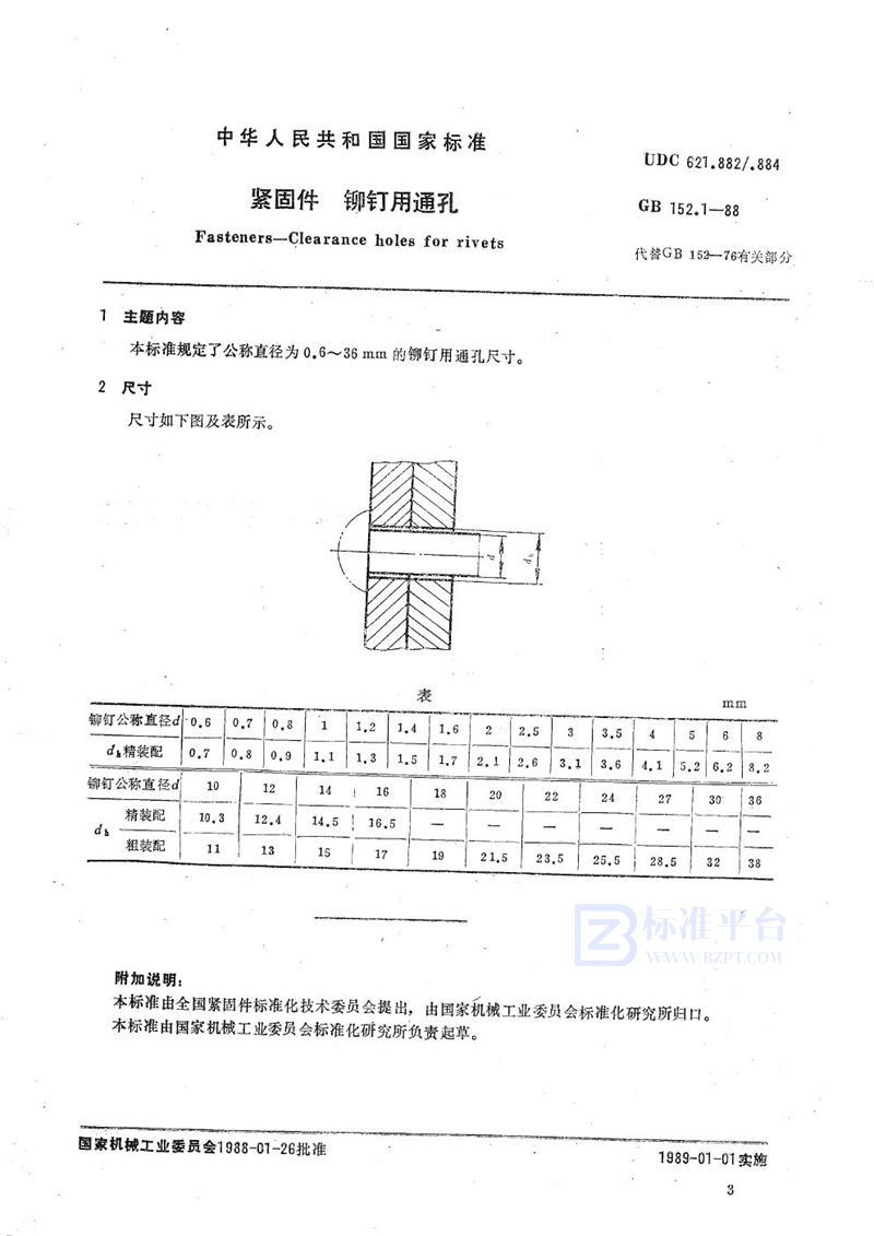 GB/T 152.1-1988 紧固件  铆钉用通孔