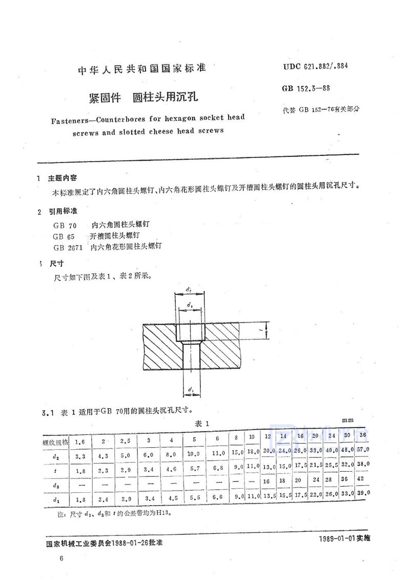 GB/T 152.3-1988 紧固件  圆柱头用沉孔