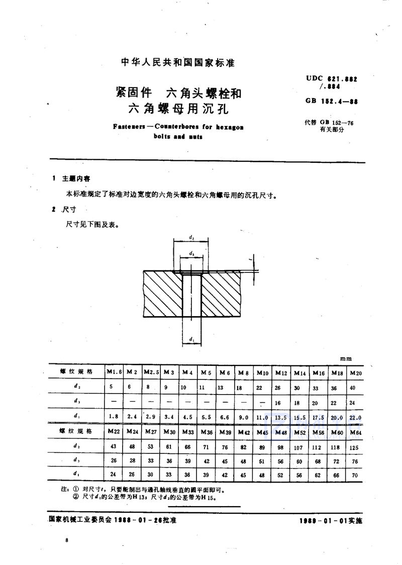 GB/T 152.4-1988 紧固件  六角头螺栓和六角螺母用沉孔