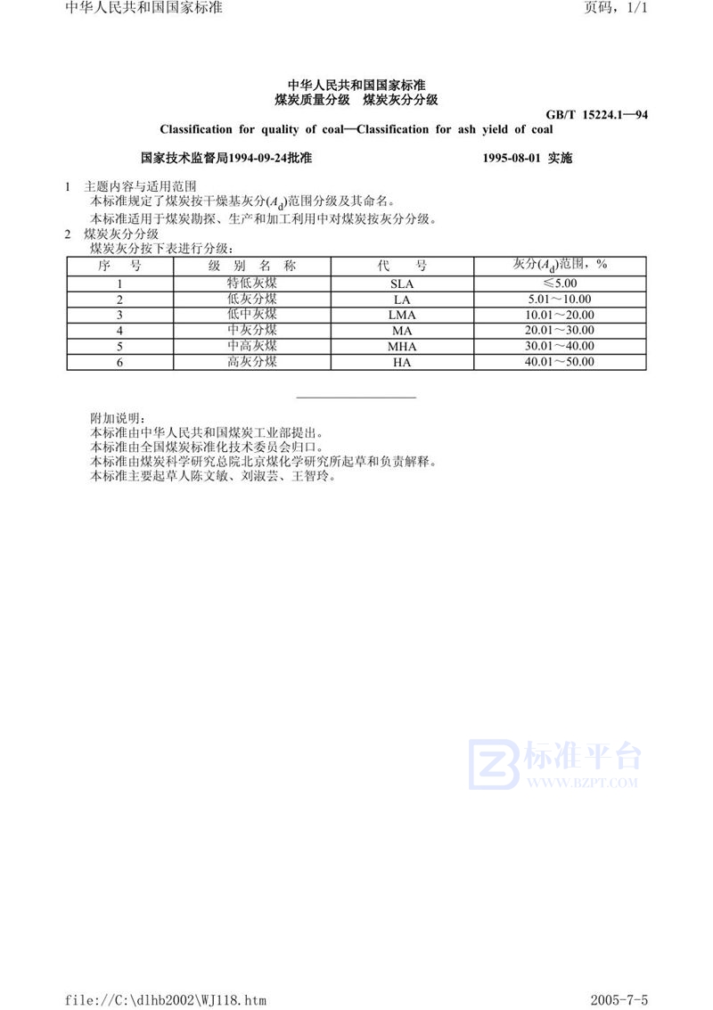 GB/T 15224.1-1994 煤炭质量分级  煤炭灰分分级