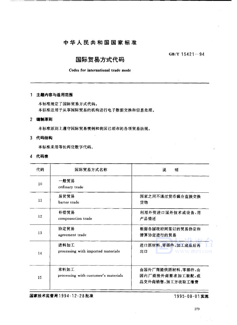 GB/T 15421-1994 国际贸易方式代码