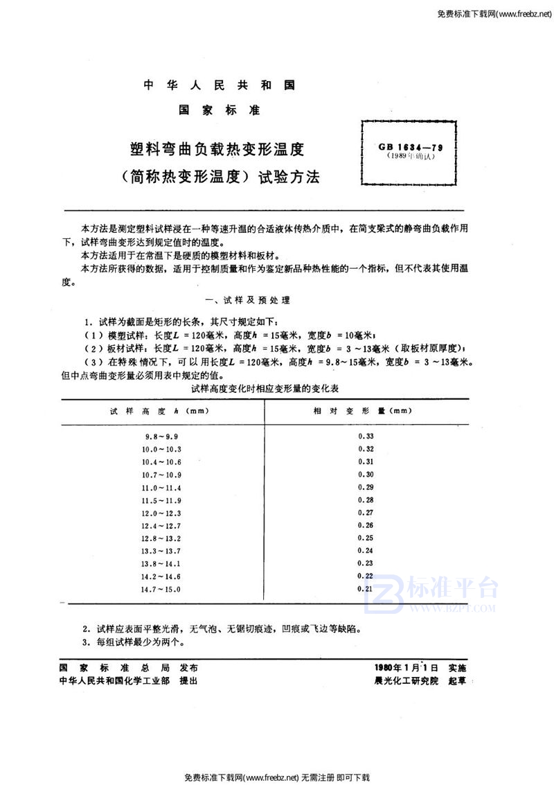 GB/T 1634-1979 塑料弯曲负载热变形温度 (简称热变形温度) 试验方法