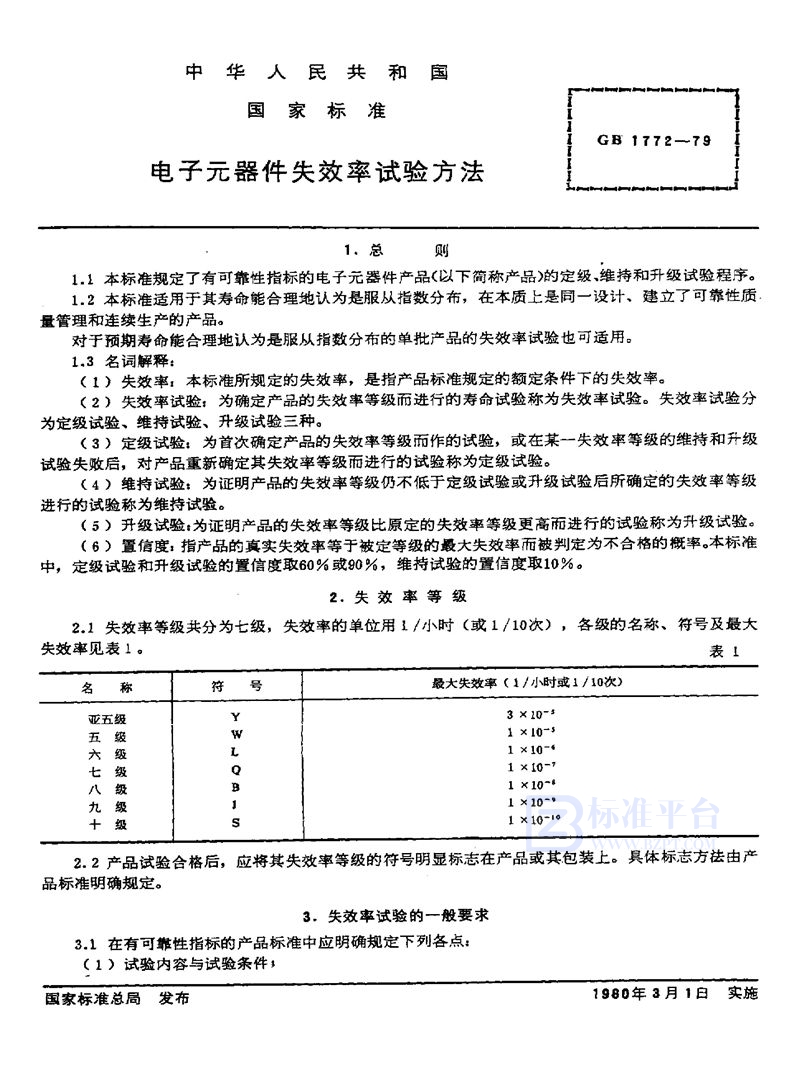 GB/T 1772-1979 电子元器件失效率试验方法