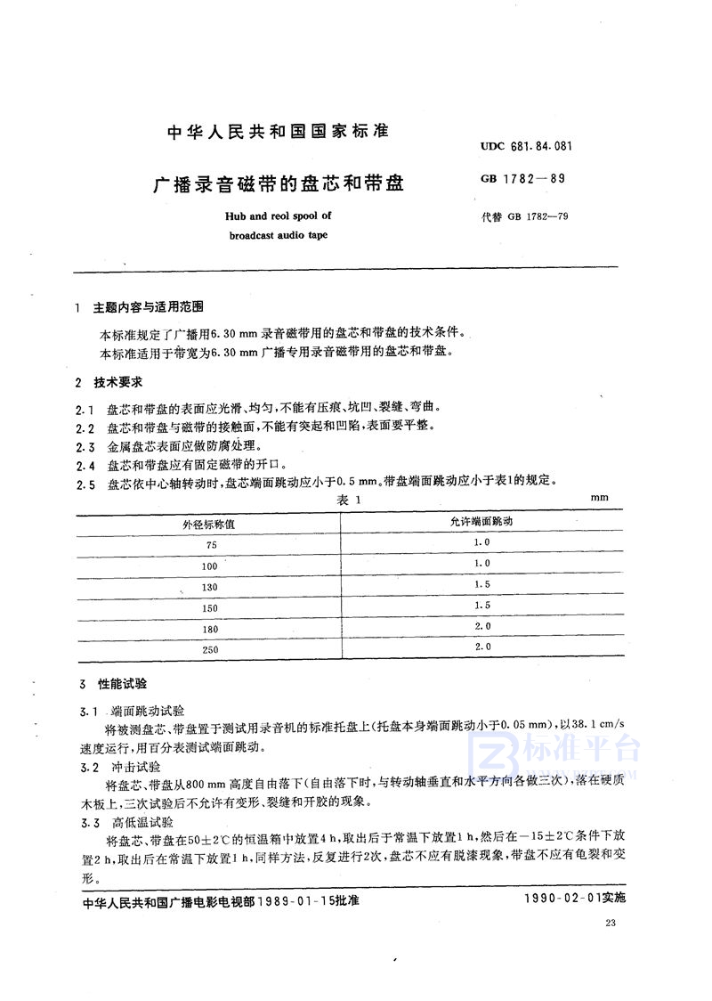 GB/T 1782-1989 广播录音磁带的盘芯和带盘