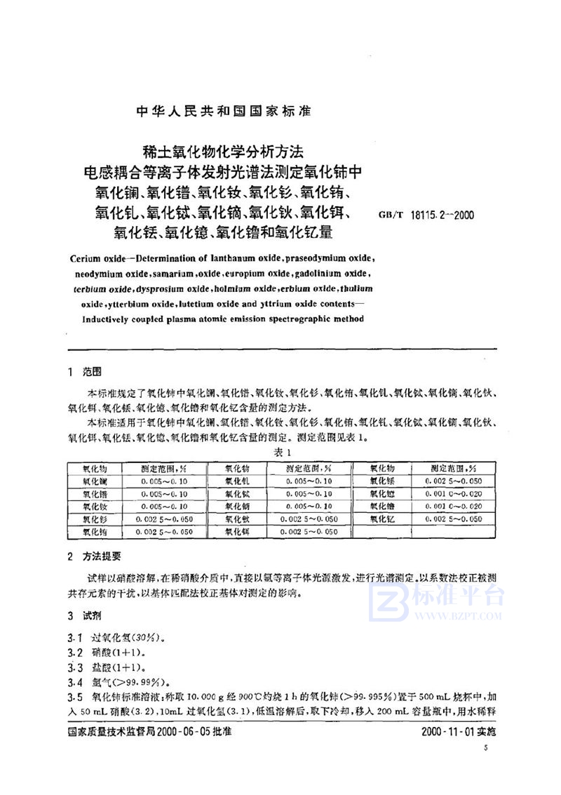 GB/T 18115.2-2000 稀土氧化物化学分析方法  电感耦合等离子体发射光谱法测定氧化铈中氧化镧、氧化镨、氧化钕、氧化钐、氧化铕、氧化钆、氧化铽、氧化镝、氧化钬、氧化铒、氧化铥、氧化镱、氧化镥和氧化钇量