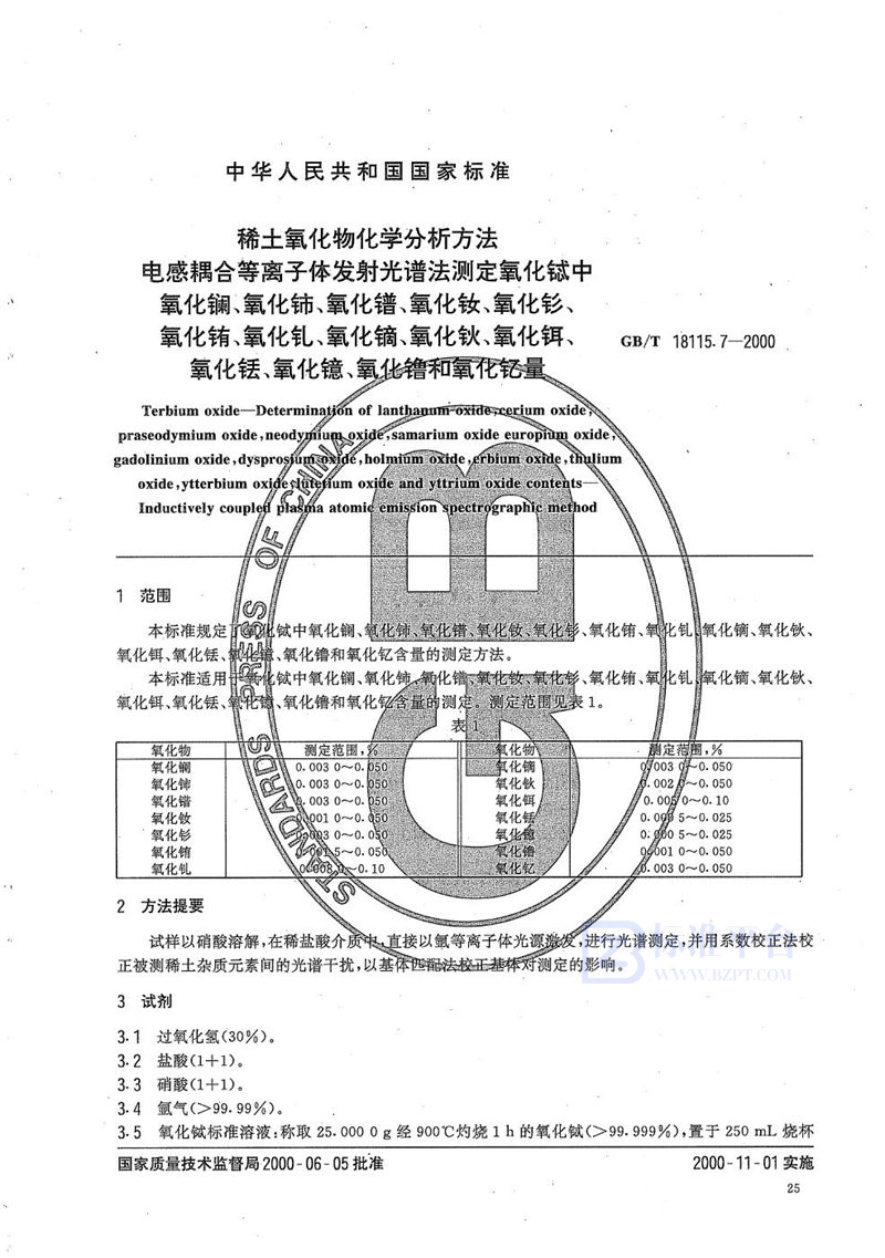 GB/T 18115.7-2000 稀土氧化物化学分析方法  电感耦合等离子体发射光谱法测定氧化铽中氧化镧、氧化铈、氧化镨、氧化钕、氧化钐、氧化铕、氧化钆、氧化镝、氧化钬、氧化铒、氧化铥、氧化镱、氧化镥和氧化钇量