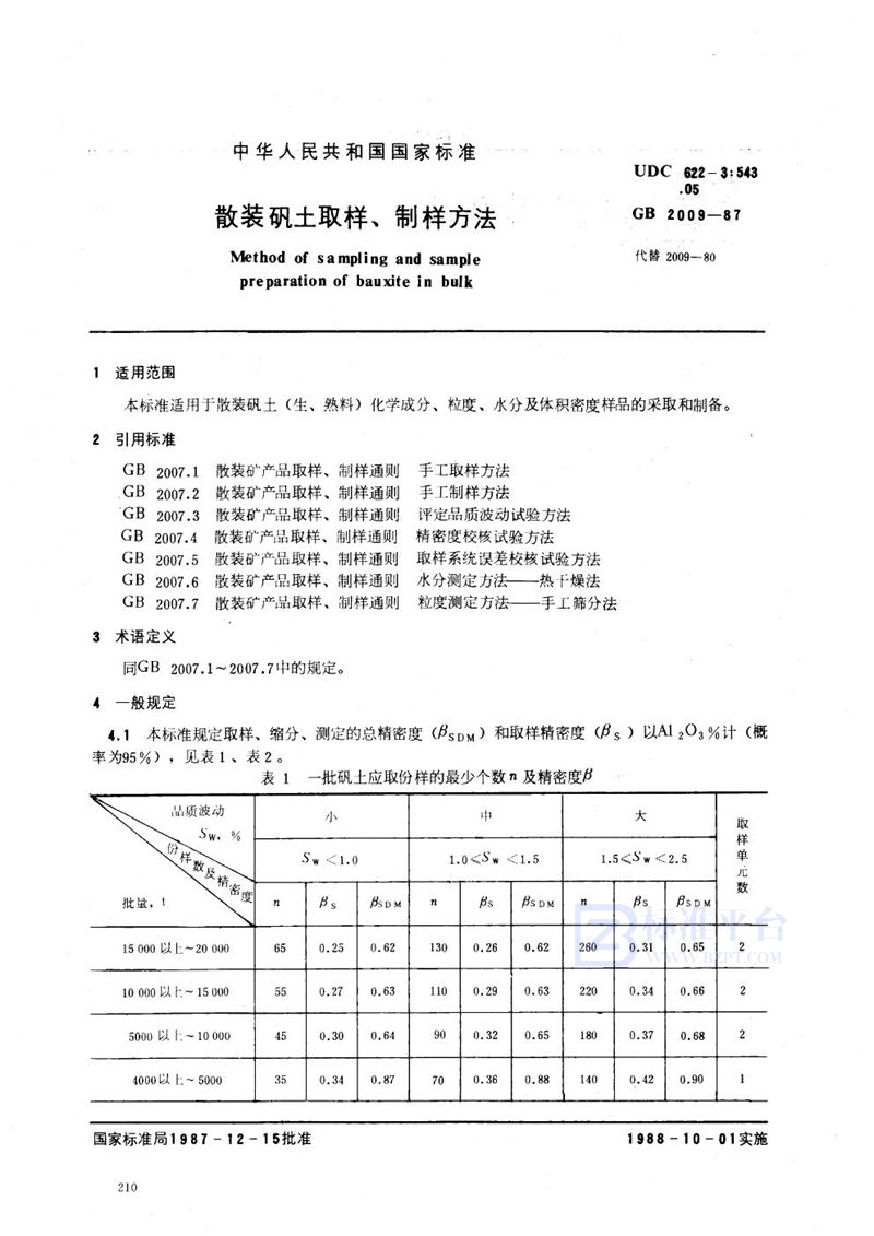 GB/T 2009-1987 散装矾土取样、制样方法