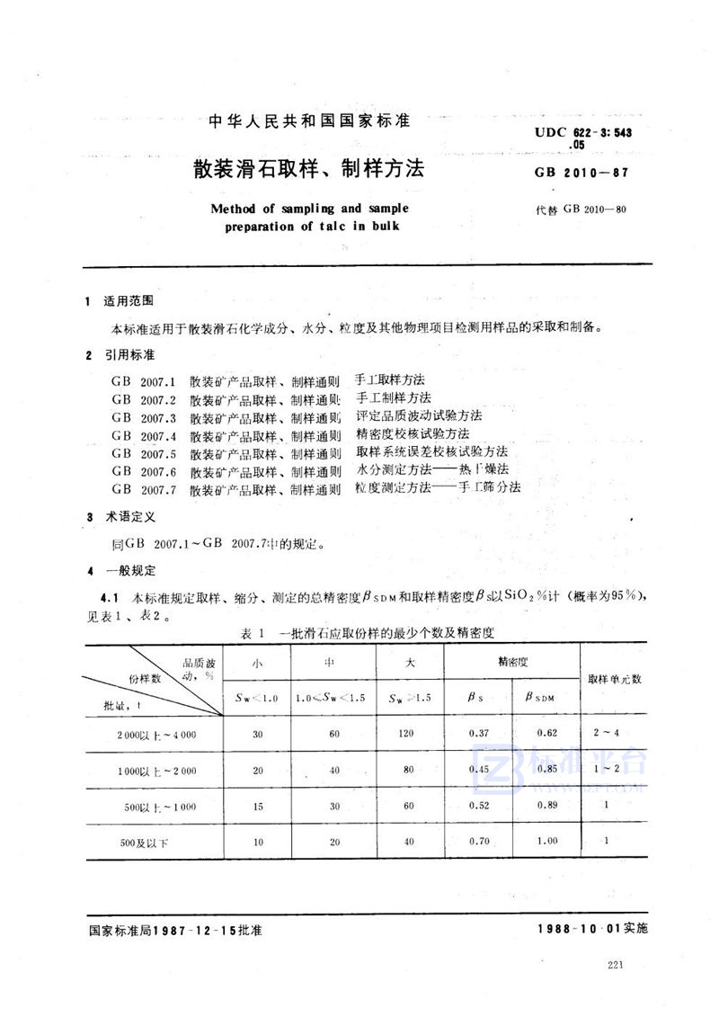 GB/T 2010-1987 散装滑石取样、制样方法