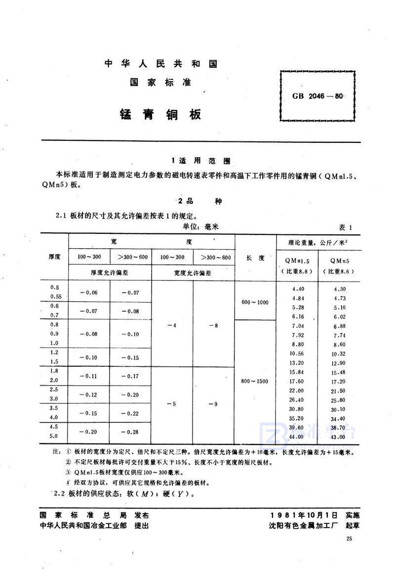 GB/T 2046-1980 锰青铜板
