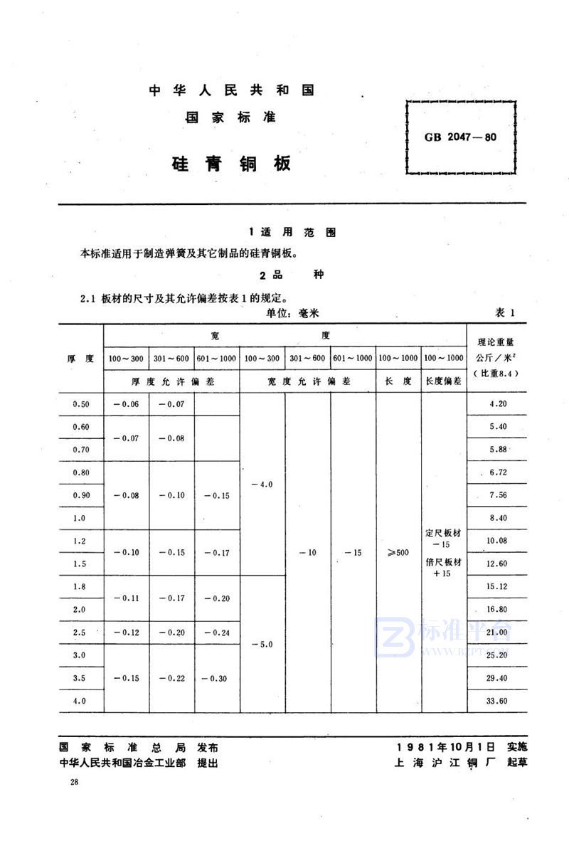 GB/T 2047-1980 硅青铜板