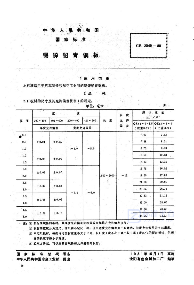 GB/T 2049-1980 锡锌铅青铜板