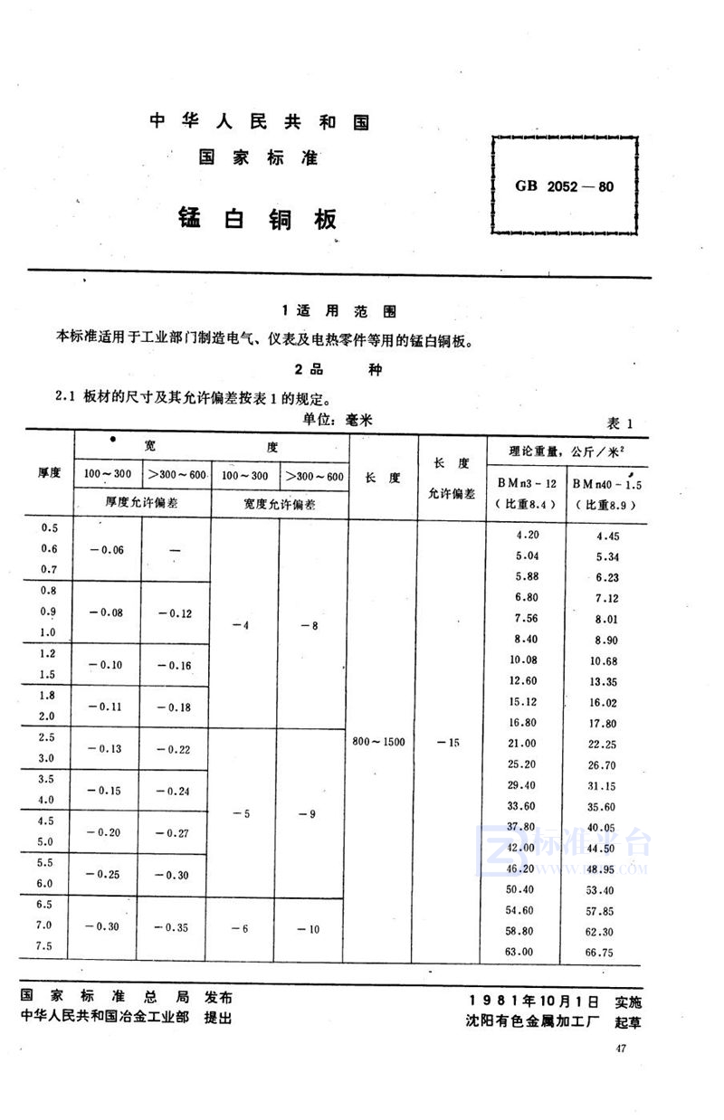 GB/T 2052-1980 锰白铜板