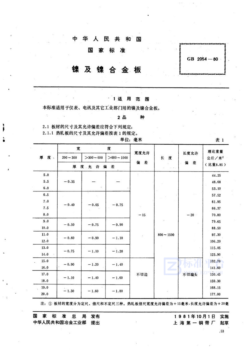 GB/T 2054-1980 镍及镍合金板