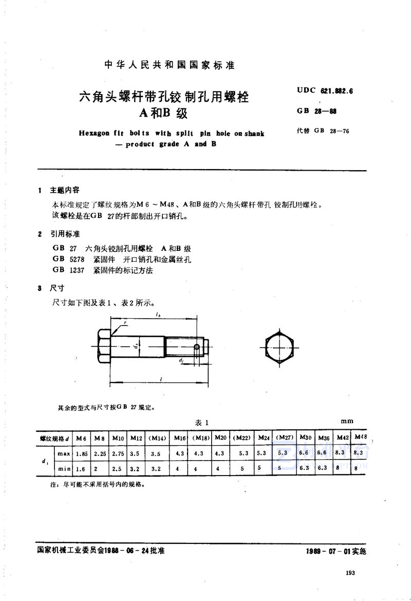 GB/T 28-1988 六角头螺杆带孔铰制孔用螺栓  A和B级