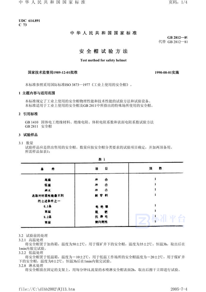 GB/T 2812-1989 安全帽试验方法