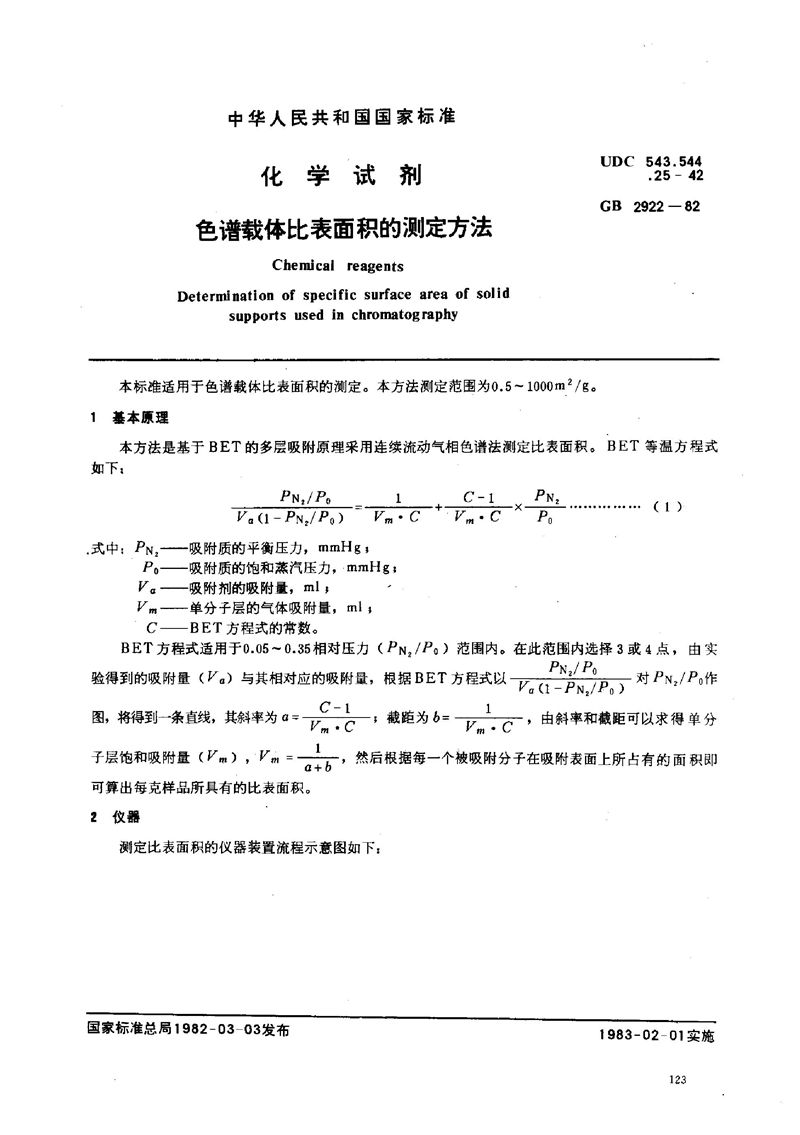 GB/T 2922-1982 化学试剂  色谱载体比表面积的测定方法