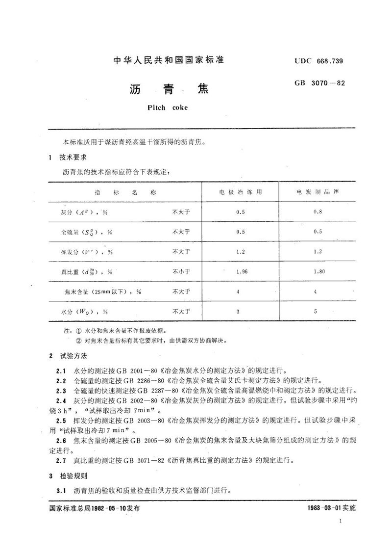 GB/T 3070-1982 沥青焦